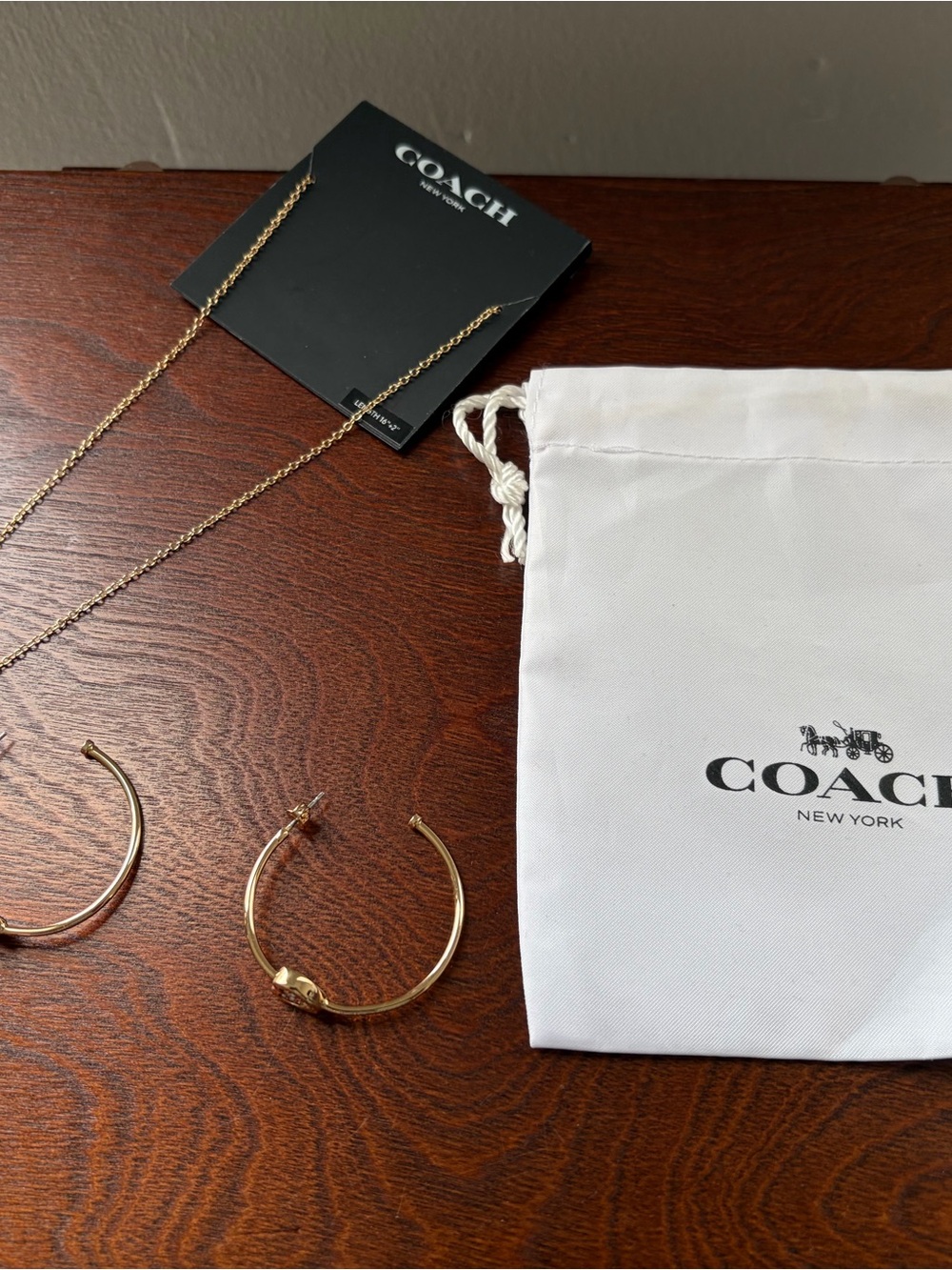 Coach Gold Hoop Earrings with Gold Chain Necklace - Picture 1 of 3
